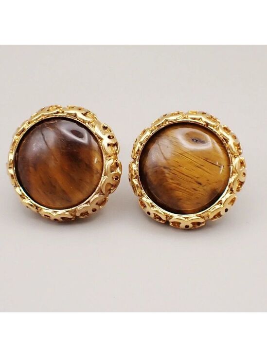 CHANEL Jewelry - CHANEL CC ogo Tiger Eye Round Button Earrings 94P Clip-On GHW Vintage 298-082025